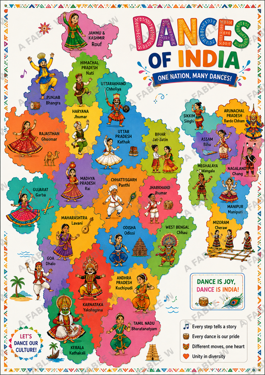 Learning Posters India Maps Set of 4 A3 | Dances, Festivals, Food, Monuments, Vibrant Illustrations, State-wise Map Format, Ages 3-12 Years, Unframed Wall Posters