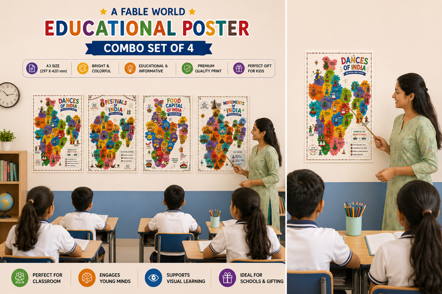 Learning Posters India Maps Set of 4 A3 | Dances, Festivals, Food, Monuments, Vibrant Illustrations, State-wise Map Format, Ages 3-12 Years, Unframed Wall Posters