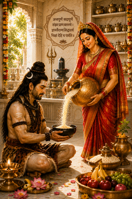 Maa Annapurna Giving Bhiksha to Lord Shiva – Premium Devotional Kitchen Wall Art Print