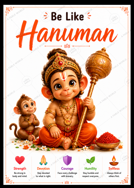 Be Like Hanuman | Premium A3 Kids Devotional Learning Poster | Hindu Wall Art for Kids Room | A Fable World