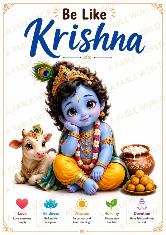 "Be Like Krishna" Inspirational Bala Krishna A3 Wall Poster – Premium Glossy Art Print for Home & Kids Room