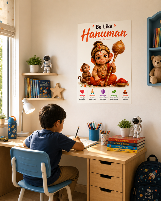 Be Like Hanuman | Premium A3 Kids Devotional Learning Poster | Hindu Wall Art for Kids Room | A Fable World
