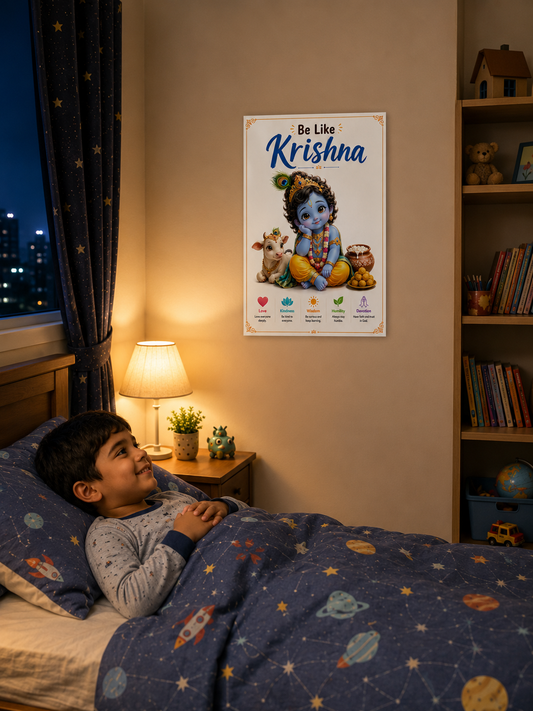 "Be Like Krishna" Inspirational Bala Krishna A3 Wall Poster – Premium Glossy Art Print for Home & Kids Room