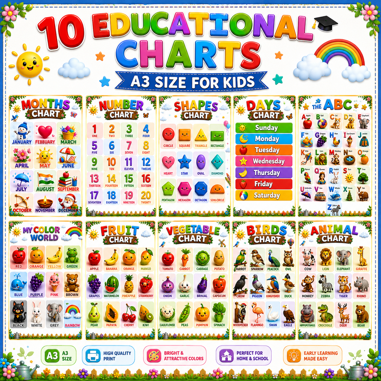 My First Learning Charts Set – 10 Educational Posters for Kids (A3 Size)