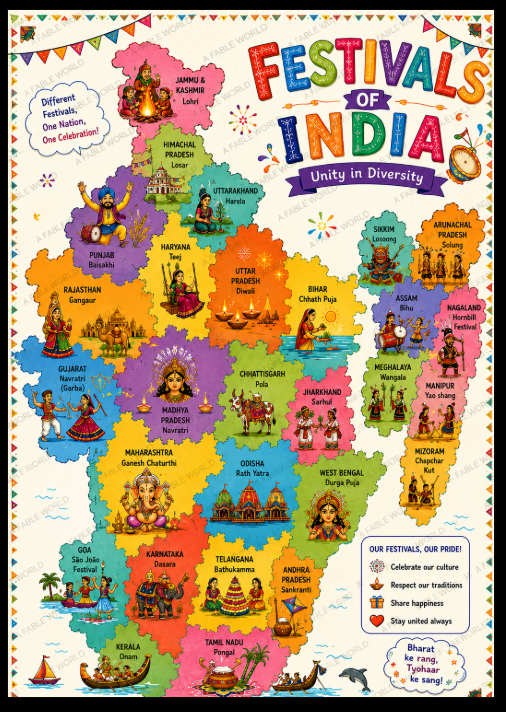 India Learning Posters Combo Set of 4 | A3 Educational Wall Charts for Kids | Dances, Festivals, Food & Monuments of India | A Fable World