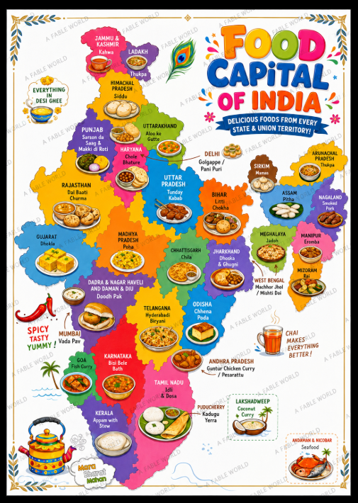India Learning Posters Combo Set of 4 | A3 Educational Wall Charts for Kids | Dances, Festivals, Food & Monuments of India | A Fable World
