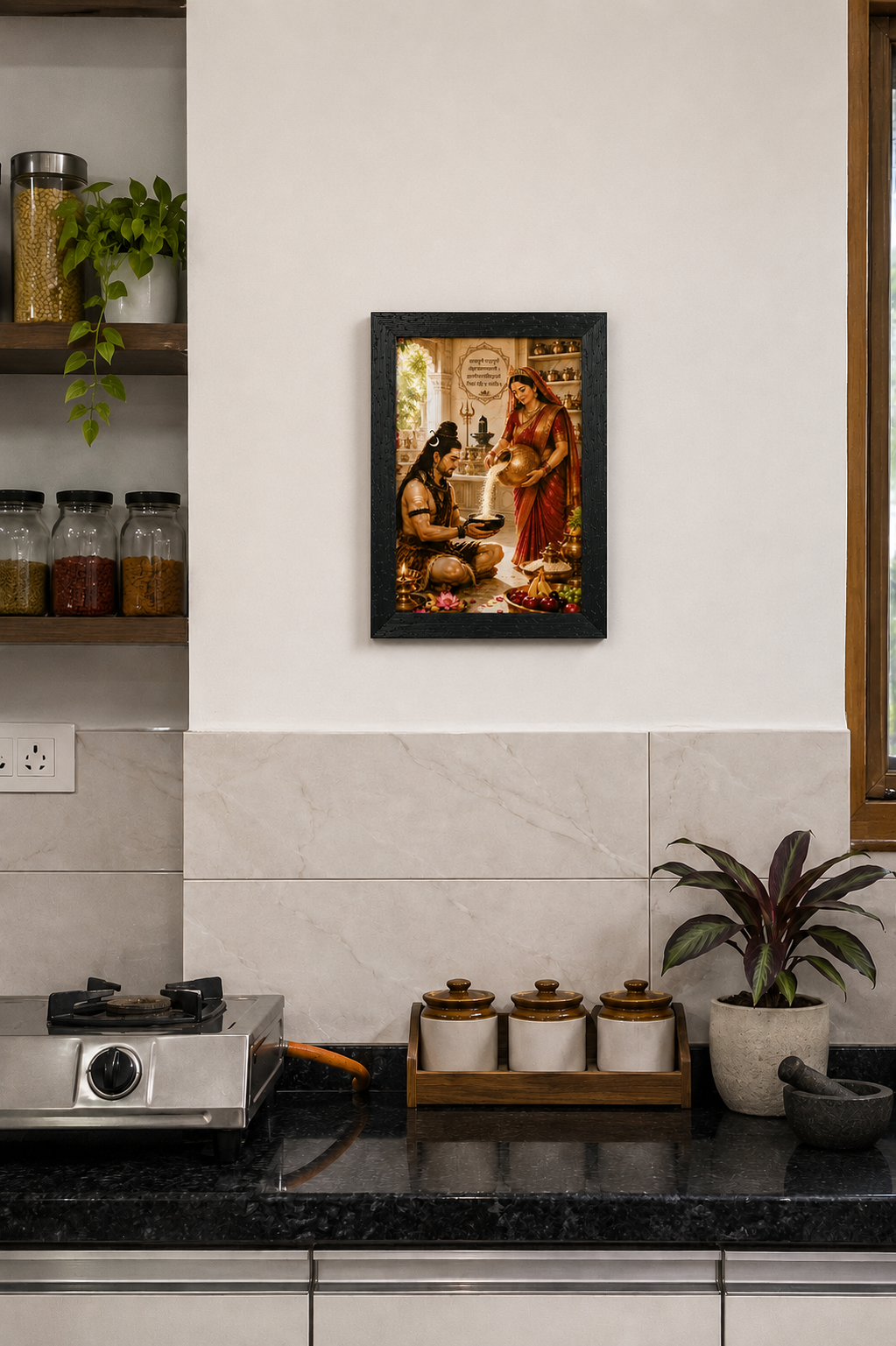 Maa Annapurna Giving Bhiksha to Lord Shiva – Premium Devotional Kitchen Wall Art Print