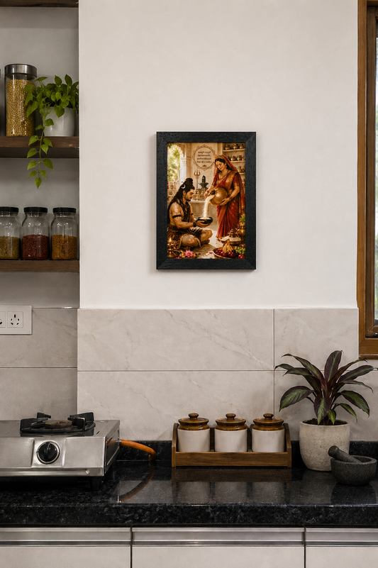 Maa Annapurna Giving Bhiksha to Lord Shiva – Premium Devotional Kitchen Wall Art Print
