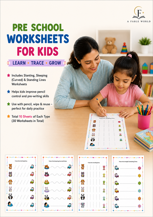 Preschool Tracing Worksheets for Kids | 40 Reusable Pre-Writing Practice Sheets | Slanting, Sleeping & Standing Lines | Ages 2–5 | A Fable World