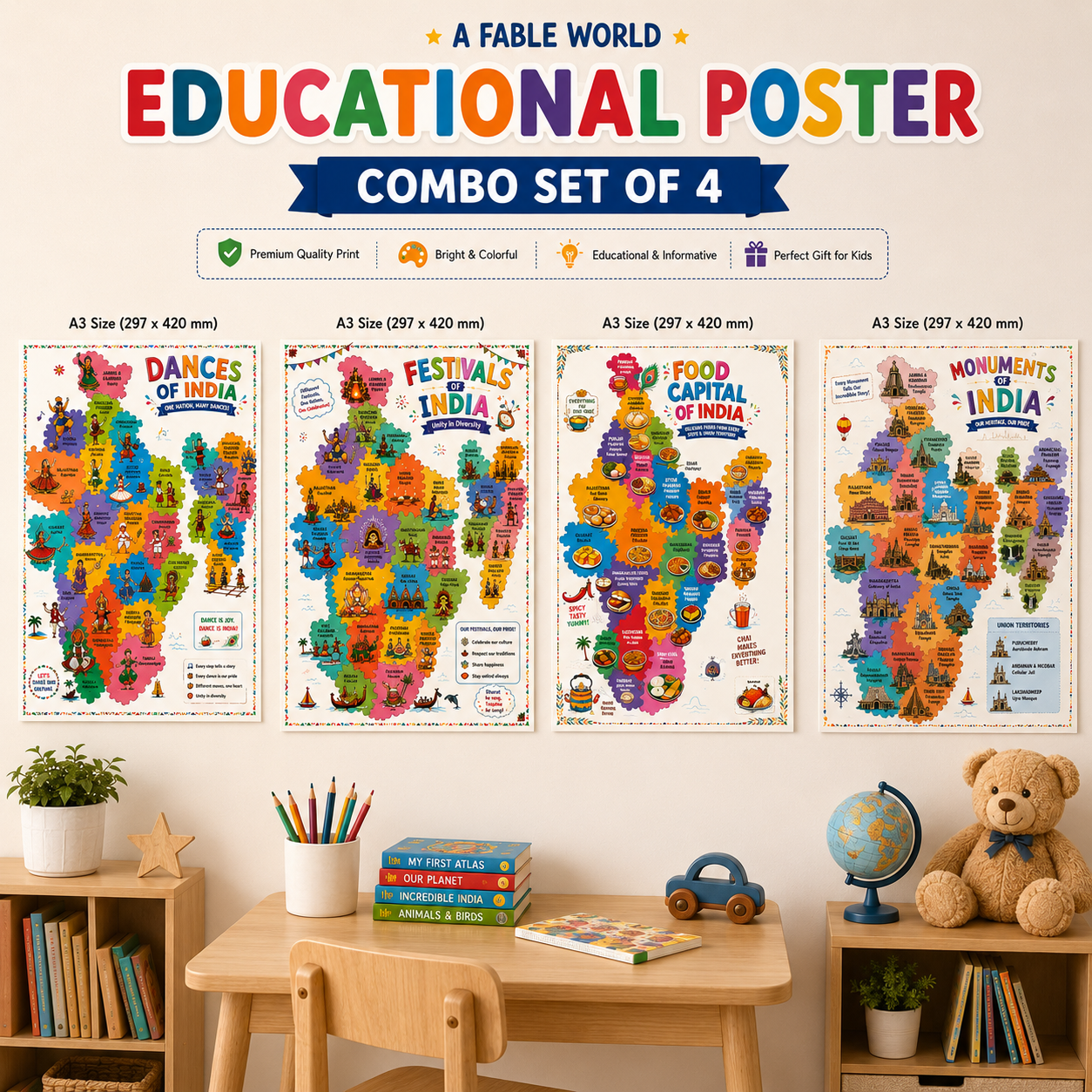 India Learning Posters Combo Set of 4 | A3 Educational Wall Charts for Kids | Dances, Festivals, Food & Monuments of India | A Fable World