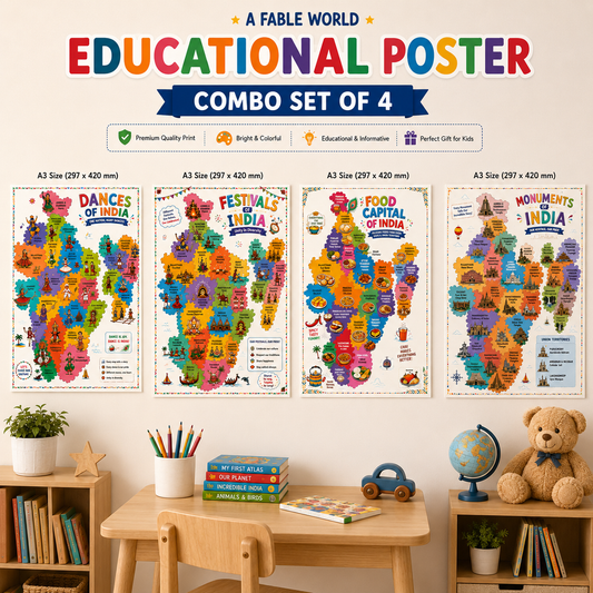 Learning Posters India Maps Set of 4 A3 | Dances, Festivals, Food, Monuments, Vibrant Illustrations, State-wise Map Format, Ages 3-12 Years, Unframed Wall Posters