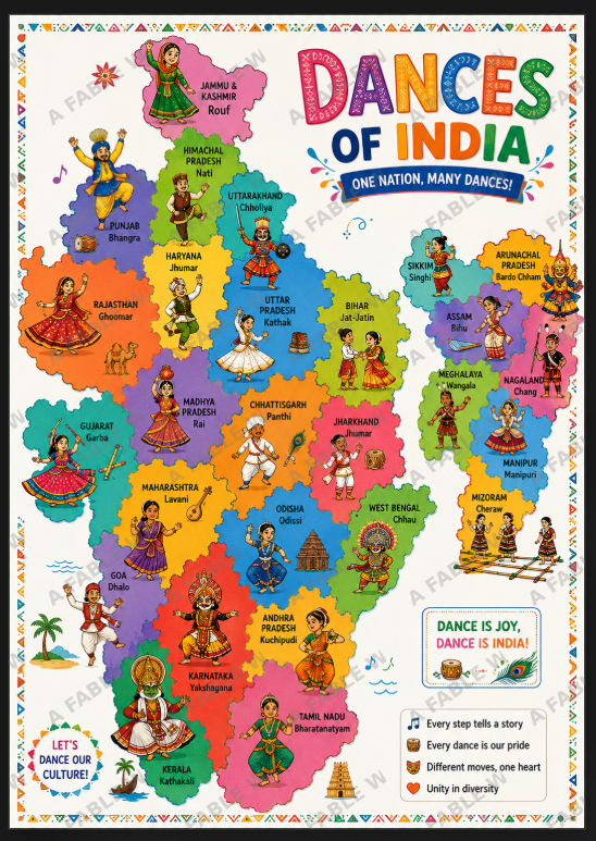 India Learning Posters Combo Set of 4 | A3 Educational Wall Charts for Kids | Dances, Festivals, Food & Monuments of India | A Fable World