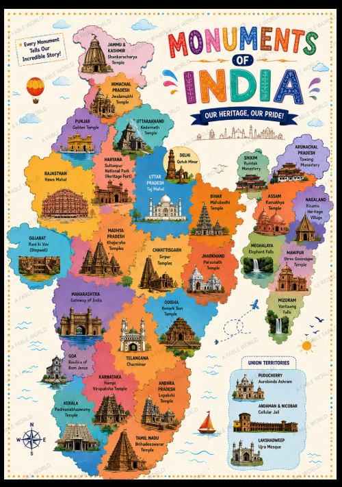 India Learning Posters Combo Set of 4 | A3 Educational Wall Charts for Kids | Dances, Festivals, Food & Monuments of India | A Fable World